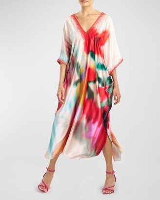 Melisande Beaded Printed Charmeuse Caftan