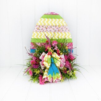 Easter Egg Ribbon & Floral Centerpiece, Colorful Patterned Fabric Covered Decor For Spring, Fireplace Porch Entry Arrangement