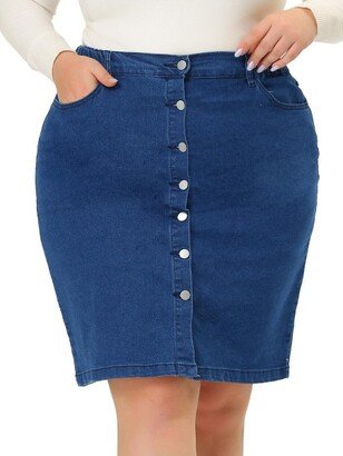 Agnes Orinda Women's Plus Size Denim Casual Mini Pockets Button Jean a Line Skirts Blue 2X