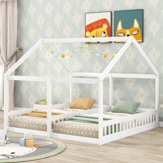 GEROJO Pine Wood House Platform Beds, Two Shared Beds for Kids, Solid Wood Slats Support, Cozy Bedroom Furniture, Twin Size