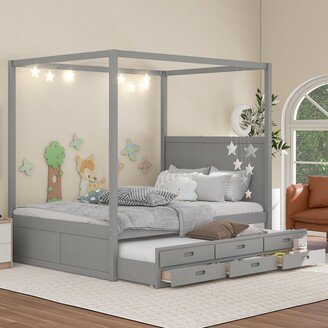 Aoolive Queen Size Canopy Platform Bed with Twin Size Trundle Bed and Three Storage Drawers, Practical Bed Frame