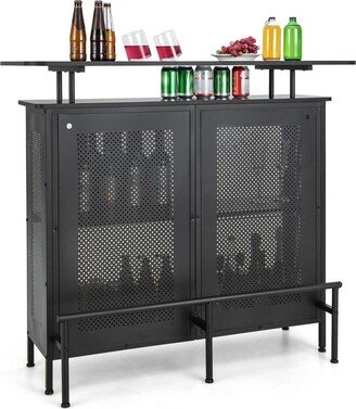 4-Tier Metal Home Bar Unit Liquor Bar Table with Storage Shelves & 6 Glass Holders-AA