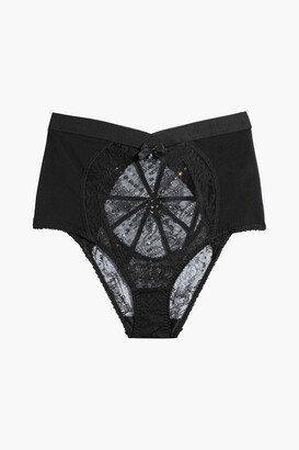 Franni embellished mesh and lace high-rise briefs