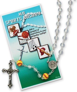 Curata Girls White Cats Eye and Ceramic Softball Beads Silver-Tone Sports Rosary