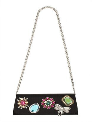 Brooch-Embellished Chain-Linked Satin Clutch Bag