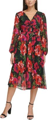 Women's Floral-Print Twist-Front Pleated Midi Dress