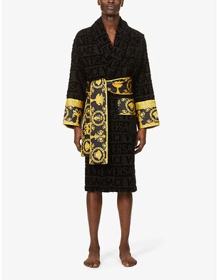 Mens Black Logo and Baroque-print Cotton-terry Dressing Gown