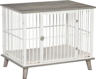 Dog Crate Furniture, Wooden End Table with Cushion & Lockable Door, Medium Size Pet Crate Indoor Puppy Cage, gray