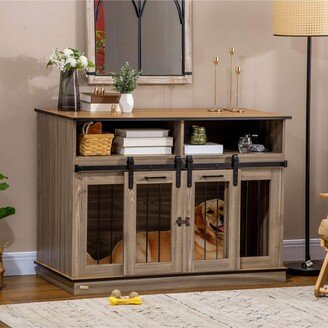 Size-Changing Dog Crate End Table with Removable Panel & Two Rooms, Large or Small Dog Cage with Shelves and Sliding Doors, Fancy Puppy Furnitu