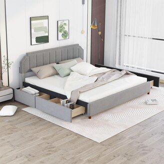 RASOO Grey Velvet Platform Bed with 4 Storage Drawers