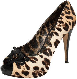 Leopard Print Pony Hair Peep Toe Platform Pumps Size 39.5