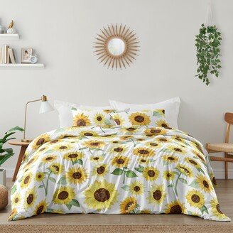 Yellow Green White Boho Floral Sunflower Girl 3pc Full Queen-size Comforter Set - Farmhouse Watercolor Flower