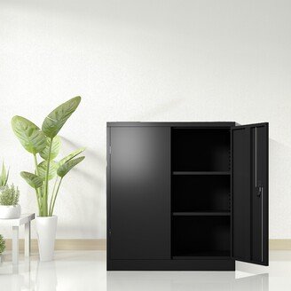 Metal Storage Cabinet with 2 Doors and 2 Shelves, Lockable Steel Storage Cabinet
