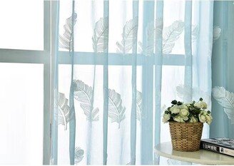 White Feather Light Blue Sheer Voile Tulle Curtain Pair Panels Embroidery For Bedroom Decor Made Window Curtains