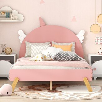 GREATPLANINC Full Size Wooden Kids Platform Bed with Unicorn Shape Headboard, Pink