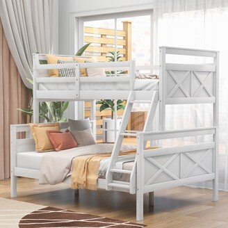 Calnod Contemporary Minimalist Style White Twin over Full Bunk Bed with Ladder Safety Guardrail and Wood Frame Perfect for Bedroom