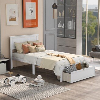 EDWINRAY Twin Size Modern and Simple Pine wood+MDF Platform Bed with Under-bed Drawer