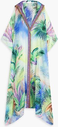 Embellished printed silk-chiffon hooded kimono