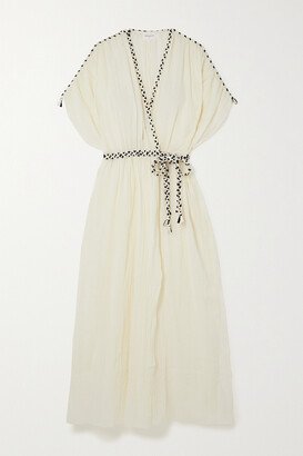 River Braid-trimmed Crinkled-cotton Midi Wrap Dress - Cream