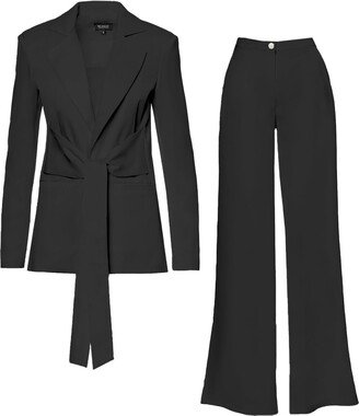 Bluzat Black Suit With Blazer With Scarves And Wide Leg Pants