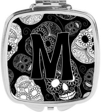 CJ2008-MSCM Letter M Day of the Dead Skulls Black Compact Mirror