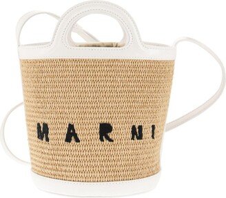 Logo-Embroidered Drawstring Woven Bucket Bag