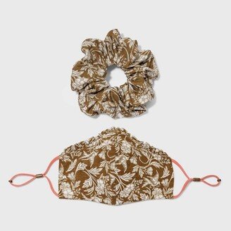Ruffle Trim Floral Print Face Mask + Hair Twister BrownOne Size