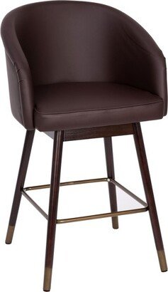 Margo 26 Commercial Grade Mid-Back Modern Counter Stool with Walnut Finish Beechwood Legs and Contoured Back, Brown LeatherSoft/Bronze Accents