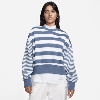 Women's Sportswear Phoenix Fleece Over-Oversized Striped Crew-Neck Sweatshirt in Blue