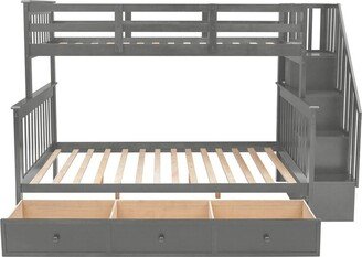 IGEMAN Gray Mission Slats Style Stairway Twin-Over-Full Bunk Bed with Drawer and 3-Tier Shelves, 91.73''L*54.33''W*61.4''H, 199LBS