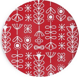 Salad Plates: Red And White Nordic Mod Floral Salad Plate, Red