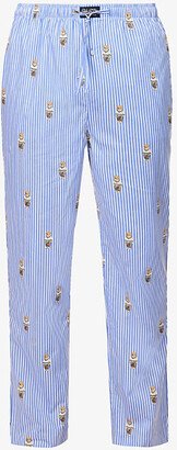 Mens Blue/white Bear Stripe Polo Bear Striped Regular-fit Wide-leg Cotton Pyjama Trousers
