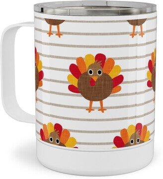 Travel Mugs: Cute Thanksgiving Turkey - On Khaki Stripes Stainless Steel Mug, 10Oz, Orange