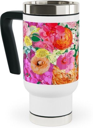 Travel Mugs: Summer Bright Floral - Kelly Green Travel Mug With Handle, 17Oz, Pink