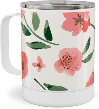 Travel Mugs: Scattered Watercolor Spring Flowers Stainless Steel Mug, 10Oz, Pink