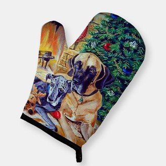 Fawn and Blue Great Dane waiting on Christmas Oven Mitt 7111OVMT