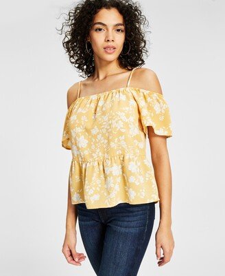 Juniors' Elasticized Short-Sleeve Cold-Shoulder Top