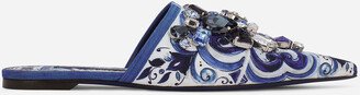 Majolica-print brocade mules with embroidery