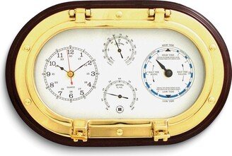 Curata Mahogany and Solid Brass Porthole Clock/Tide Clock/Thermometer/Hygrometer