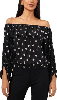 Petites Womens Dotted Off-The-Shoulder Blouse