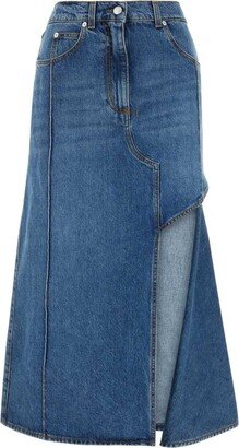 Slashed Cut-Out Denim Midi Skirt