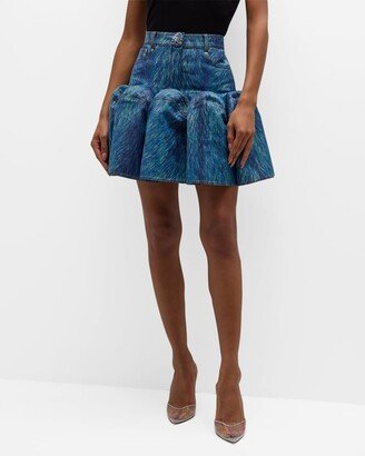 Fur-Print Denim Godet Mini Skirt