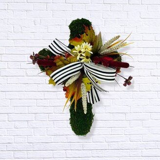 Moss Cross With Fall Greenery, Wreath For Front Door, Religious Gift, Sympathy Bereavement Door Decor