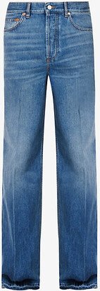 Mens Medium Blue Denim Branded-pocket Contrast-stitching Relaxed-fit Jeans