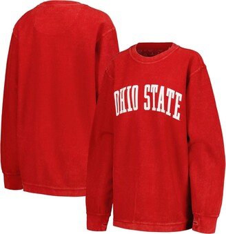 Women's Pressbox Scarlet Distressed Ohio State Buckeyes Comfy Corded Vintage-Like Wash Basic Arch Pullover Sweatshirt