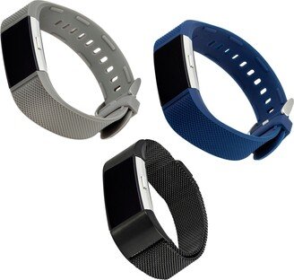 WITHit Gray and Blue Woven Silicone Band, Black Stainless Steel Mesh Band Set, 3 Piece Compatible with the Fitbit Charge 2 - Gray, Black, Blue