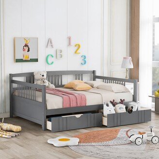 TOSWIN Full Size Daybed Wood Bed with Two Trundle Drawers and Solid Slatted Frame