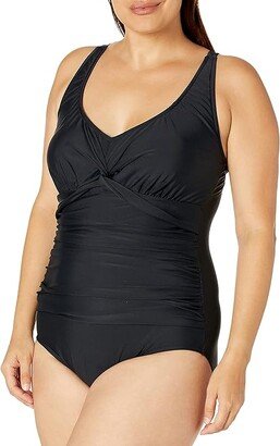 Women's Plus-Size V-Neck Shirred Twist Front One Piece Swimsuit (Black/Solids) Women's Swimsuits One Piece