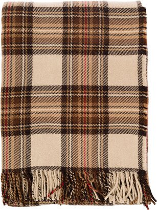 Brown And Beige Shawl With Tartan Motif And Fringed Hem In Wool Woman