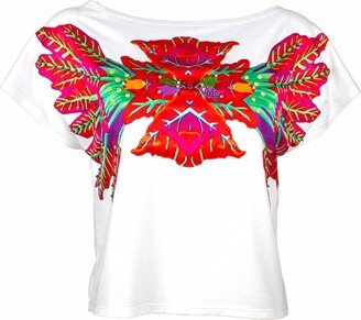 Lalipop Design White Blouse With Laser-Cut Red Leaves Print On The Chest